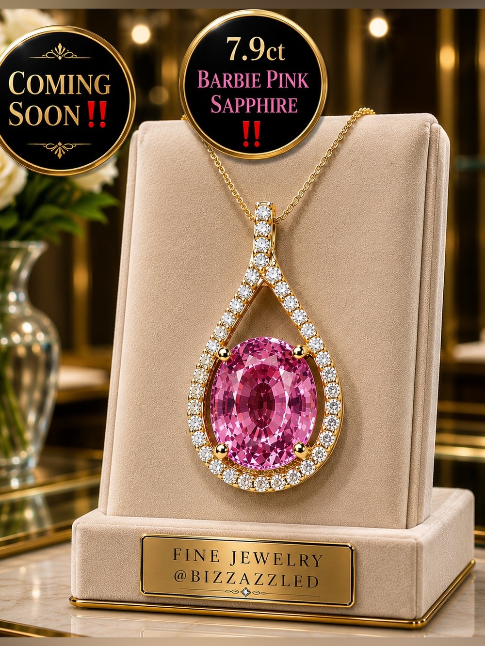 BARBIE Pink Sapphire‼️ pendant necklace 18k yellow gold Electroplated on 925